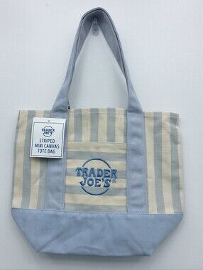 Trader Joe's Blue Striped Mini Canvas Tote Bag W/ Exterior Pocket, New With Tag